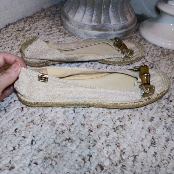 Etienne Aigner Unice Bamboo Accent Sparkly Gold Linen Espadrille Ballet Flats - Picture 2 of 9